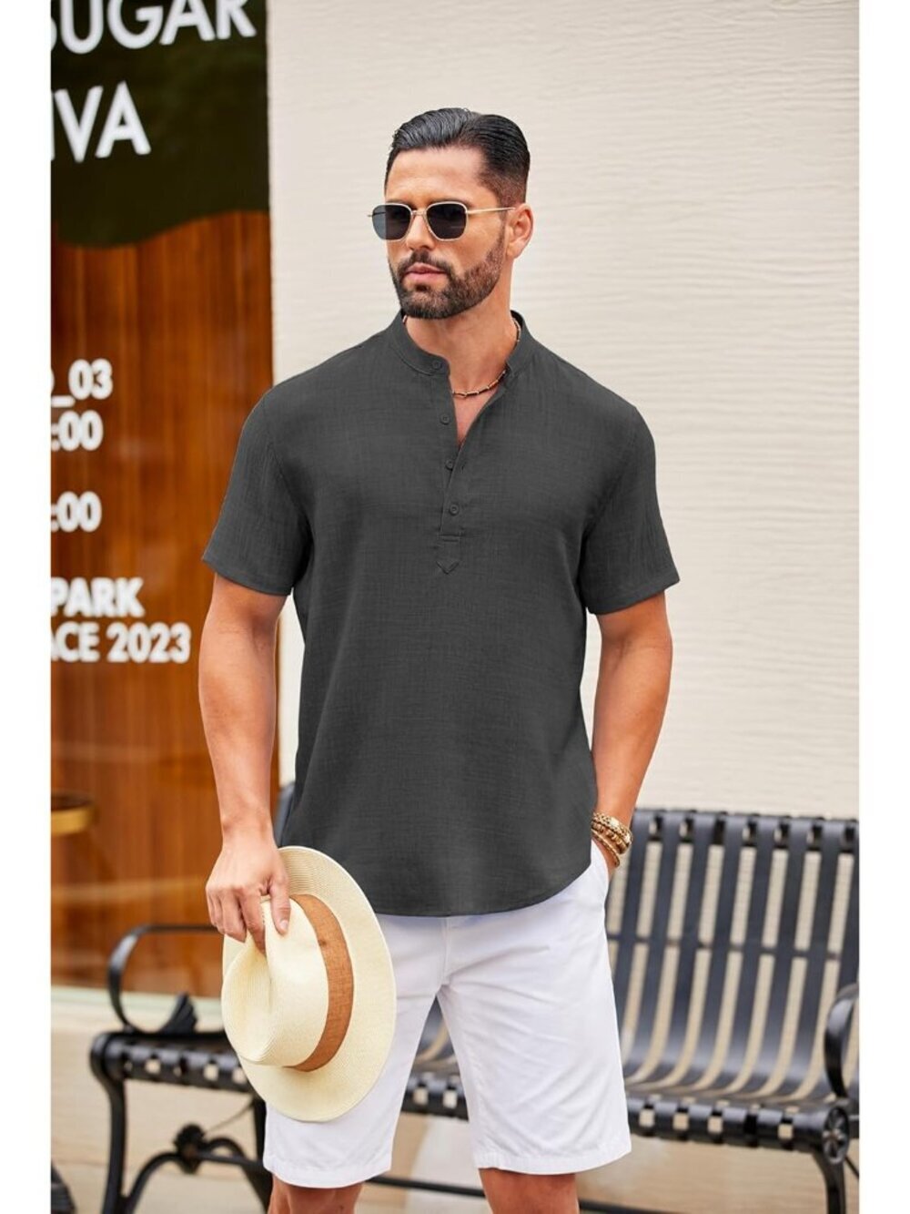 Men's Dark Grey Casual Henley Shirt Short Sleeve Linen Beach Summer Tops - Picture 2 of 6